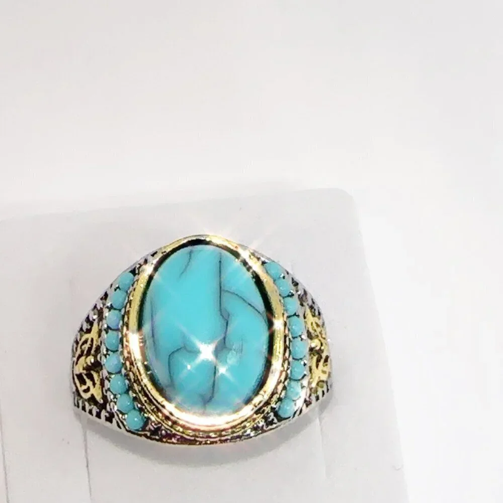 Mens Turquoise Ring Gold and Silver Accents Size 10